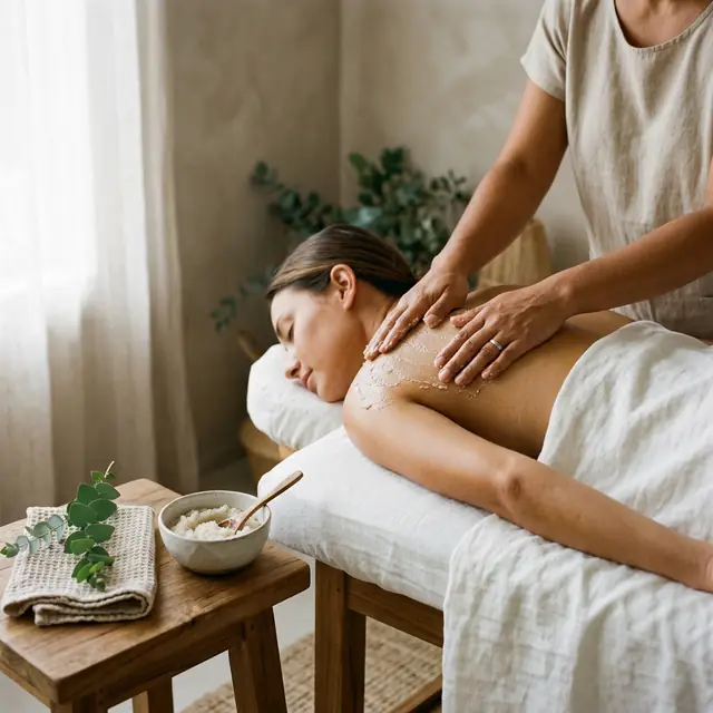 A therapist works a pale salt scrub across a client's shoulders and upper back, a ceramic bowl of scrub with a wood spoon in front.