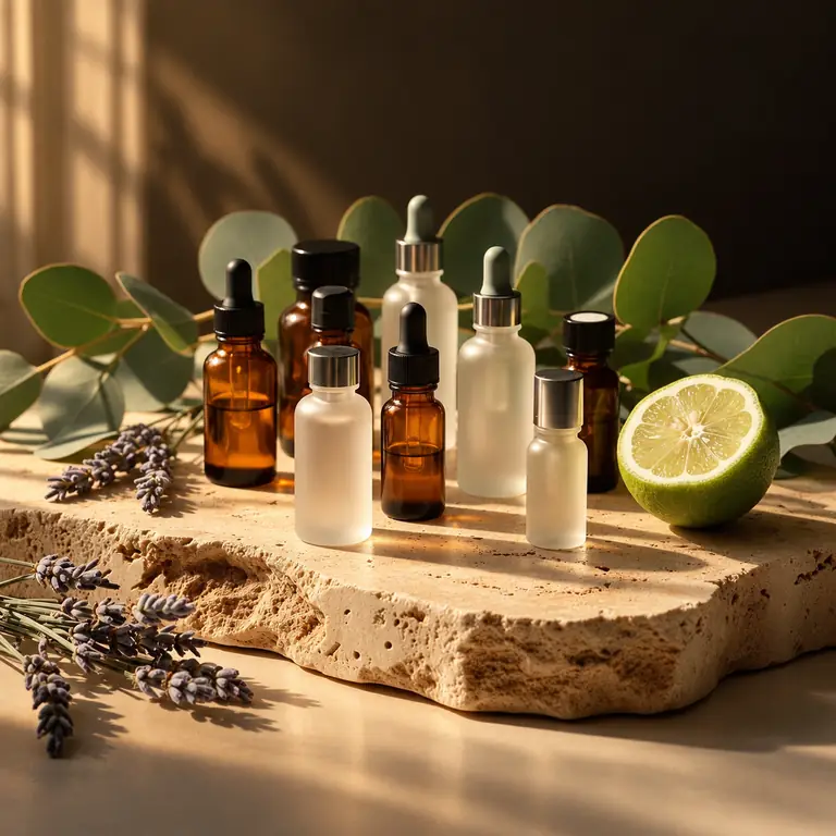 Warm side light catches amber and frosted glass bottles, eucalyptus, lavender and a cut lime on a textured travertine slab.