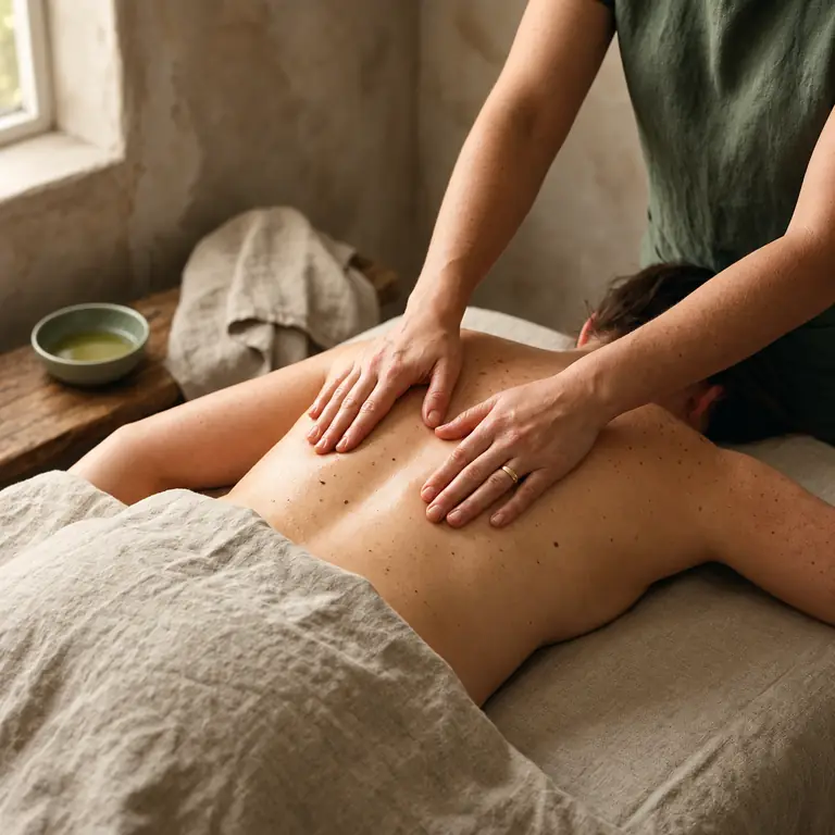 A therapist in forest-green linen presses both palms along a client's back, beside a bowl of oil and cream linen.