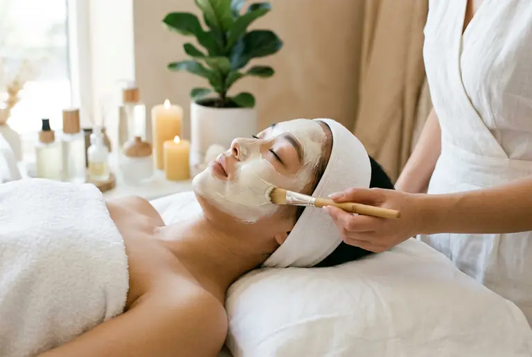 A therapist brushes a cream facial mask onto a reclining client's cheek, with a white headband and soft window light.