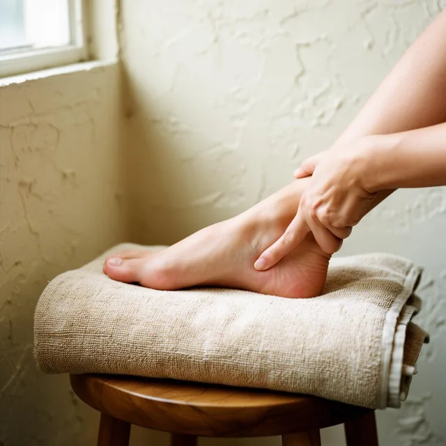 Close-up of two hands pressing into the arch of a bare foot resting on a rolled oatmeal towel on a walnut stool.