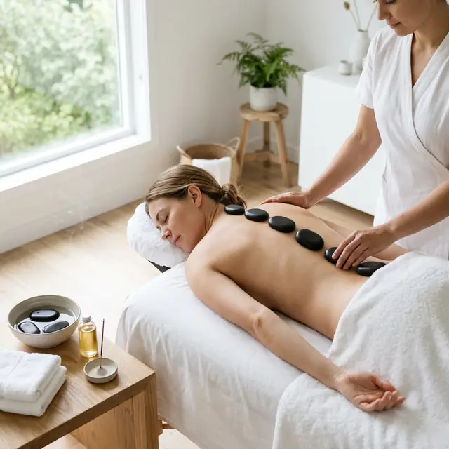 A row of smooth dark heated stones rests along a client's spine while the therapist steadies one at the shoulder, a bowl of stones in front.