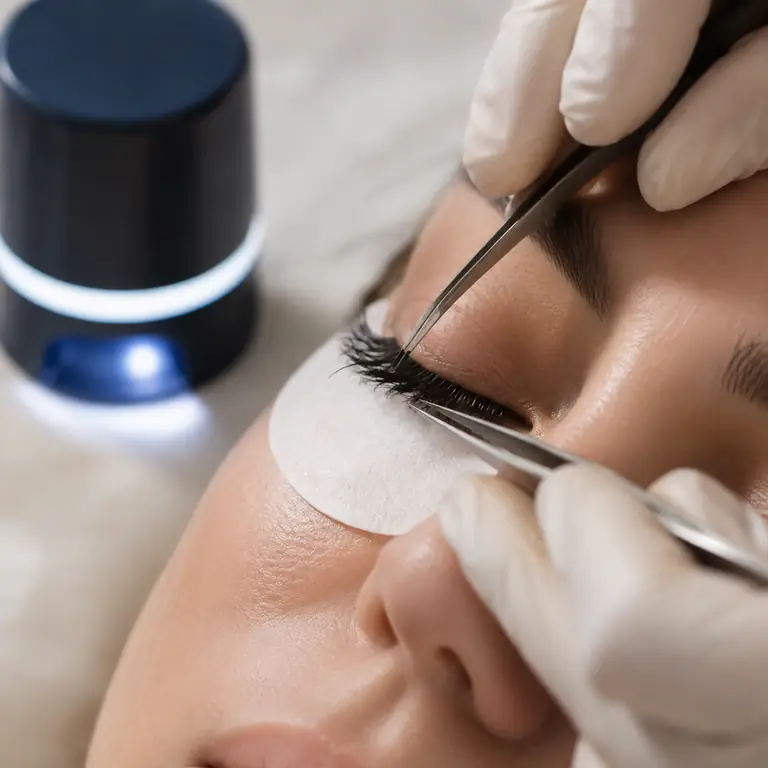 Gloved hands use tweezers to apply lash extensions above a white under-eye pad.