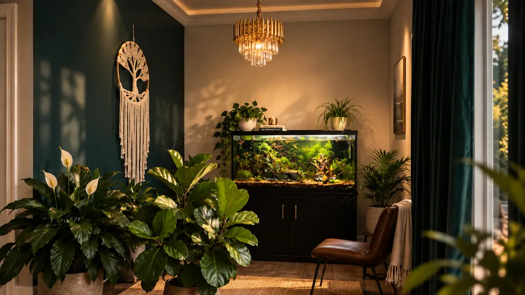 The studio aquarium glows beneath a brass chandelier, with warm light on cream walls, a macrame tree of life, plants and a brown chair.