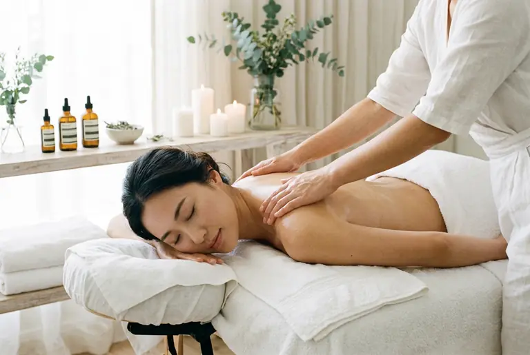 A therapist in white linen works along a client's oiled upper back, with amber dropper bottles and pillar candles on a wood shelf behind.