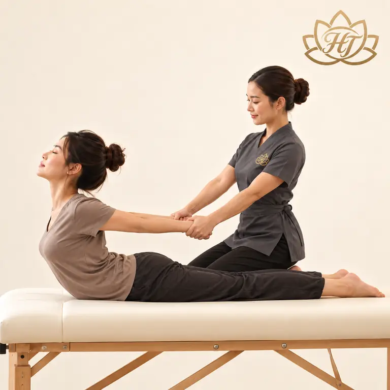 A therapist supports a clothed client's arms during an assisted back stretch on a raised massage table.